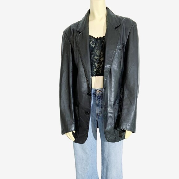 Vintage Black Leather Blazer Coat / size Medium - Picture 2 of 14